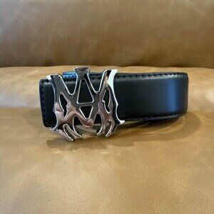 AMIRI Faux Black Leather Belt Silver MA Belt Buckle for Men 36